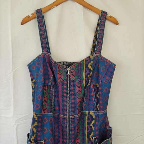 Marc By Marc Jacobs Overall Aztec Colorful Printed Denim Zip Up Mini Dress Sz 8 - Picture 7 of 16